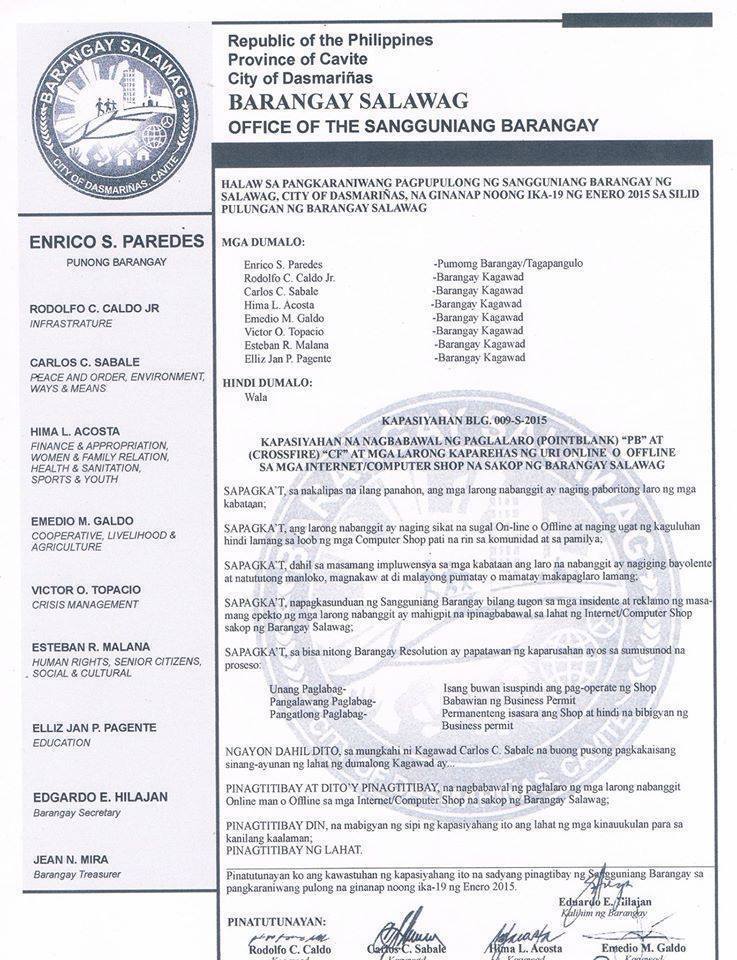 Fake Barangay Salawag document banning FPS games