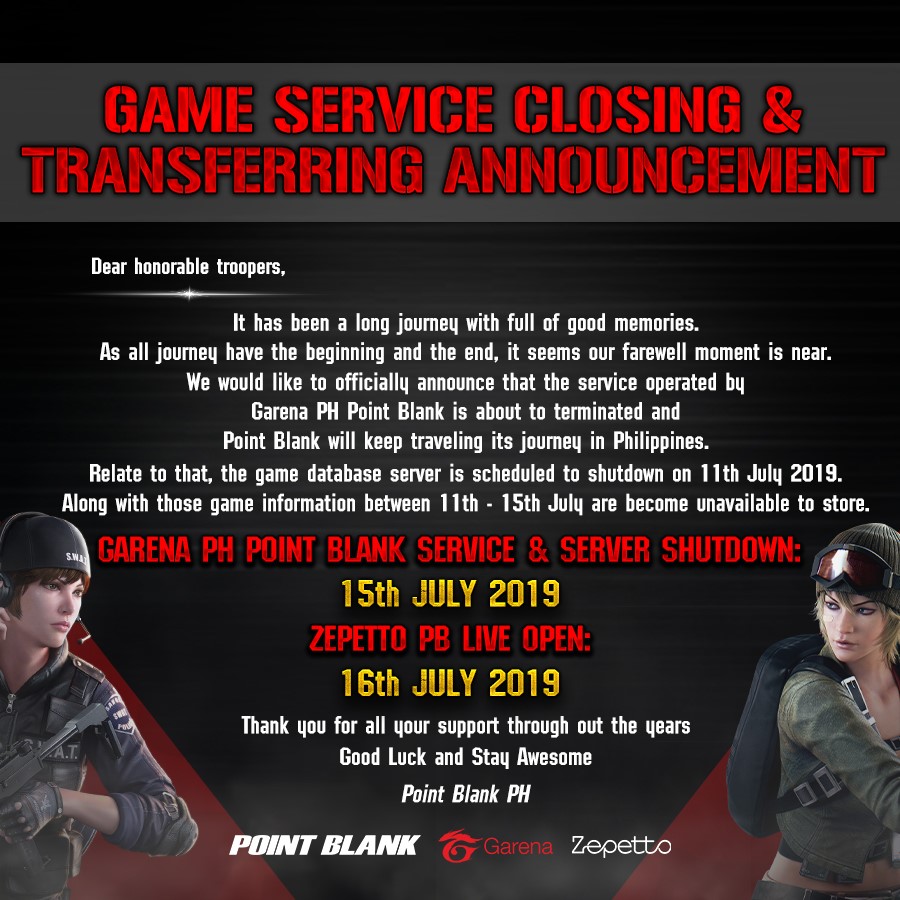 Point Blank Philippines Garena end of service announcement graphic