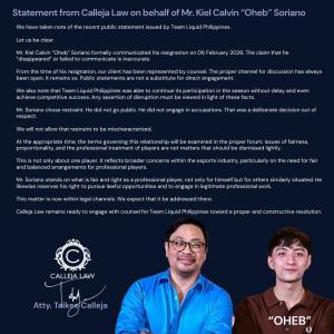 Kiel Calvin "Oheb" Soriano's Attorney's legal public statement regarding his resignation from Team Liquid Philippines on March 27, 2026, banner Kiel Calvin "Oheb" Soriano's Attorney's legal public statement regarding his resignation from Team Liquid Philippines on March 27, 2026, banner