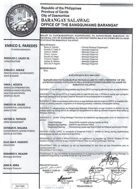 Barangay Salawag's Resolution 008-S-2015 scan