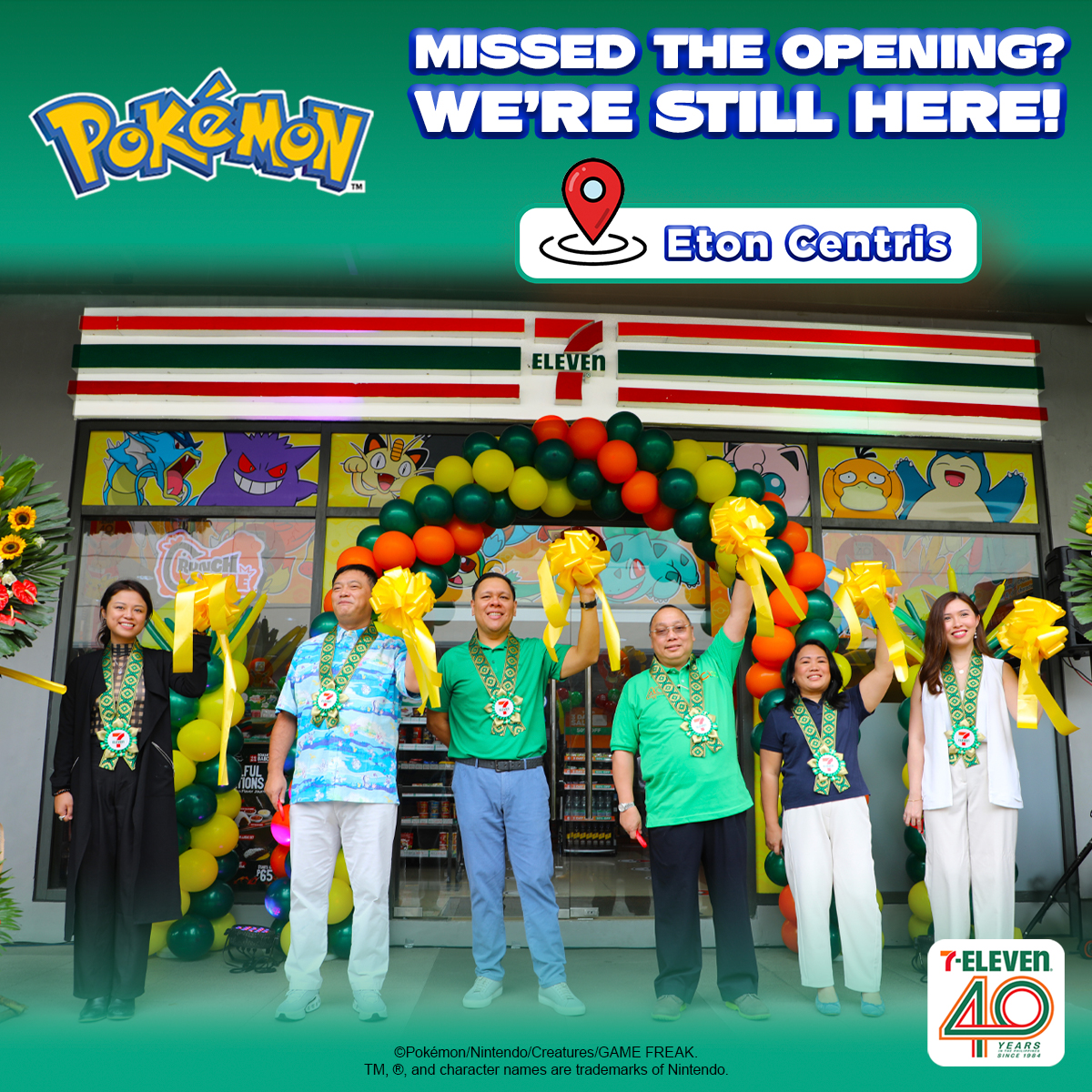 Pokémon x 7-Eleven Philippines ribbon-cutting ceremony photo at Eton Centris branch