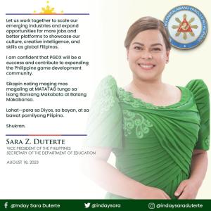 Sarah Duterte's Philippine GameDev Expo 2023 message banner (part 2) Sarah Duterte's Philippine GameDev Expo 2023 message banner (part 2)