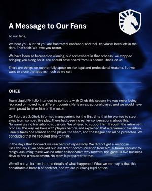 Team Liquid Philippines' March 26, 2026, public response to Oheb's resignation banner (part 1 of 3) Team Liquid Philippines' March 26, 2026, public response to Oheb's resignation banner (part 1 of 3)