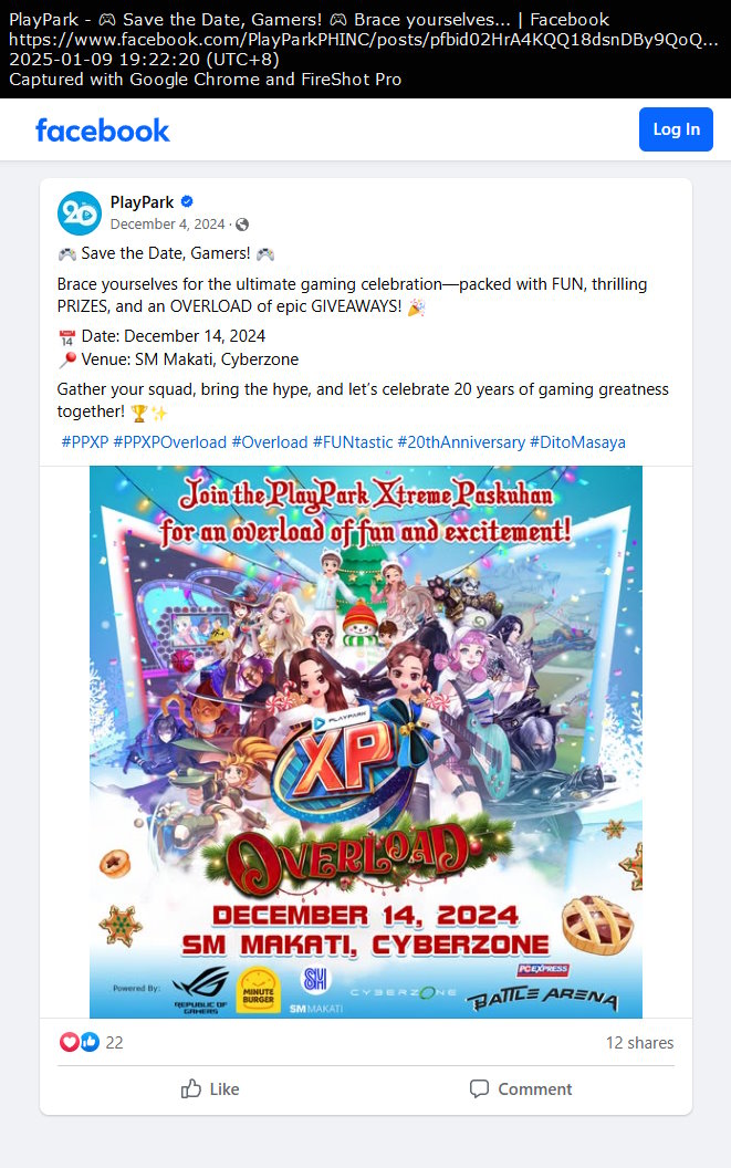 PlayPark Facebook post on December 4, 2024