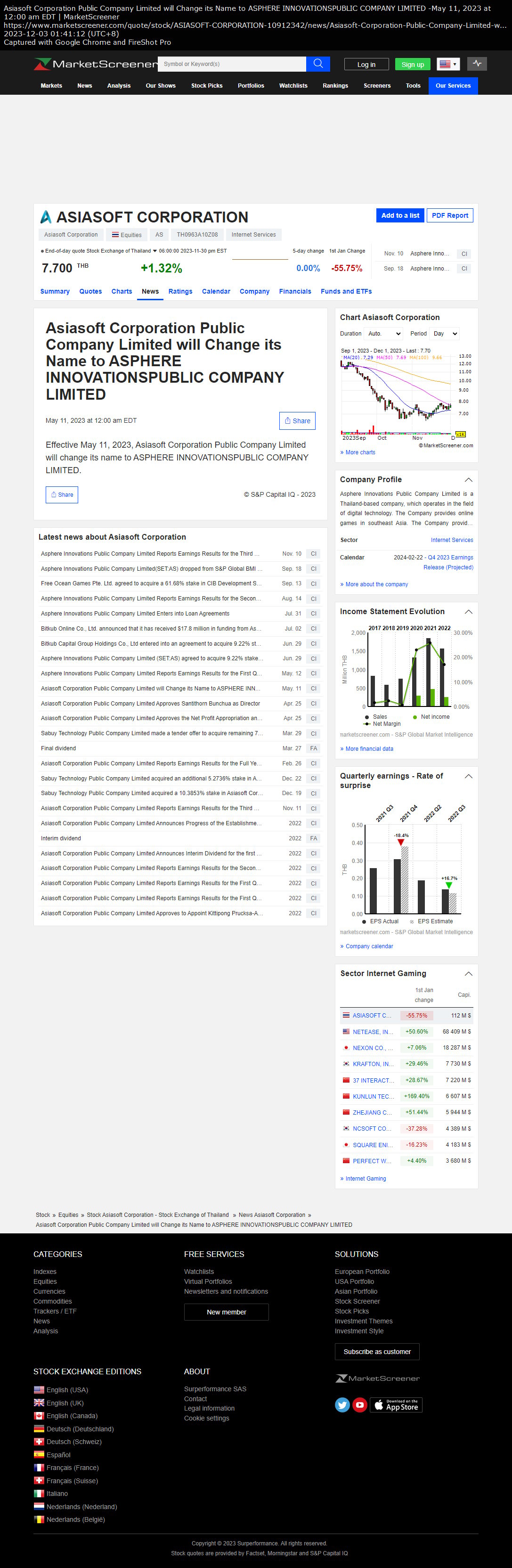 Asiasoft Corporation Public Company Limited will Change its Name to ASPHERE INNOVATIONS PUBLIC COMPANY LIMITED