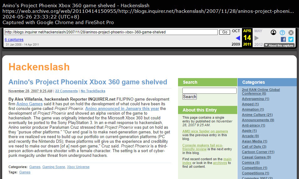 Anino's Project Phoenix Xbox 360 game shelved