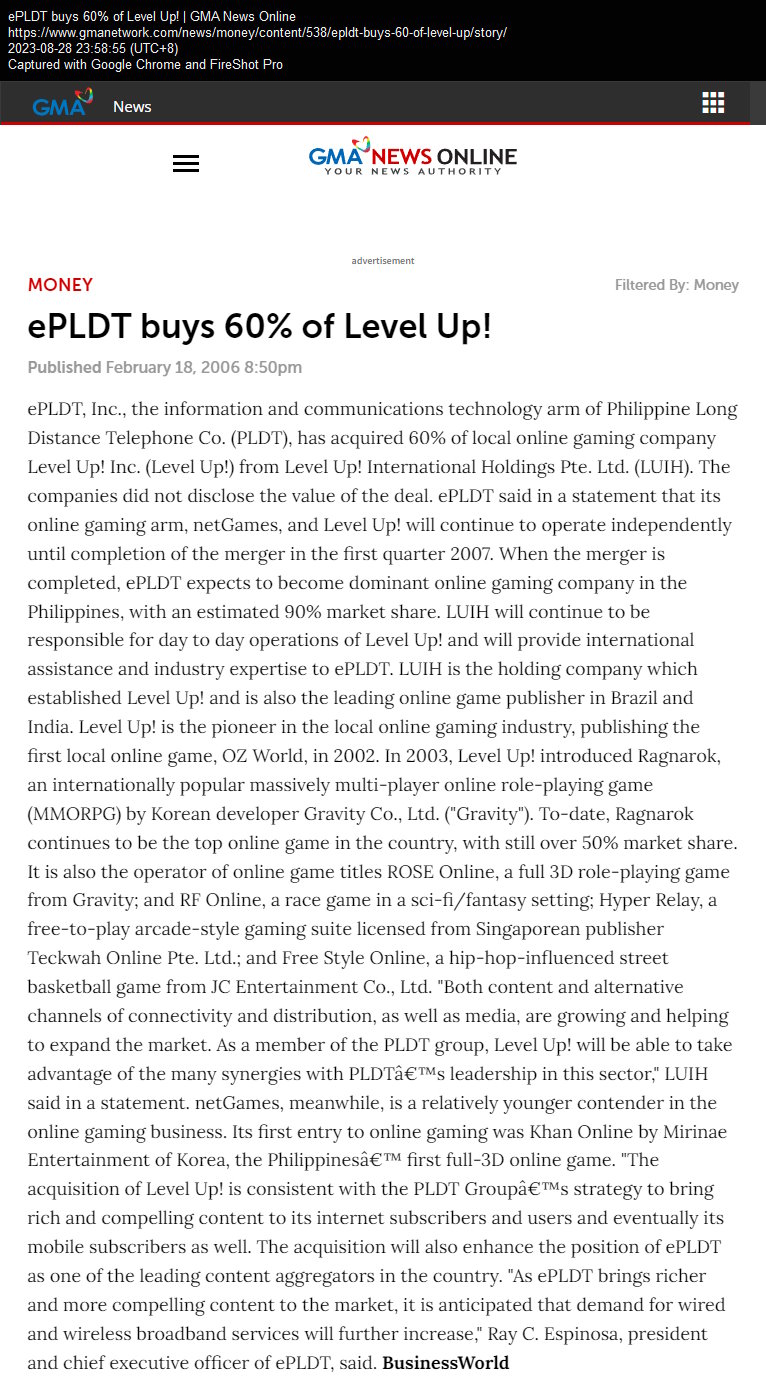 ePLDT buys 60% of Level Up!