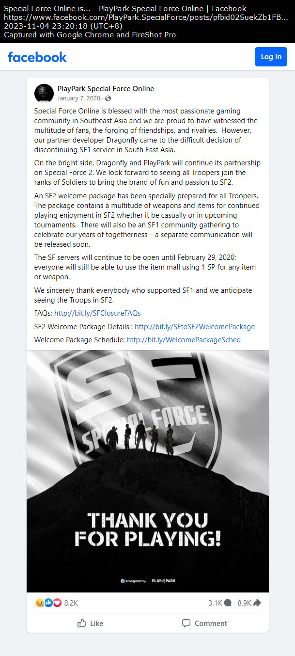 PlayPark Special Force Online Facebook page post dated January 7, 2020 at 12:00 AM