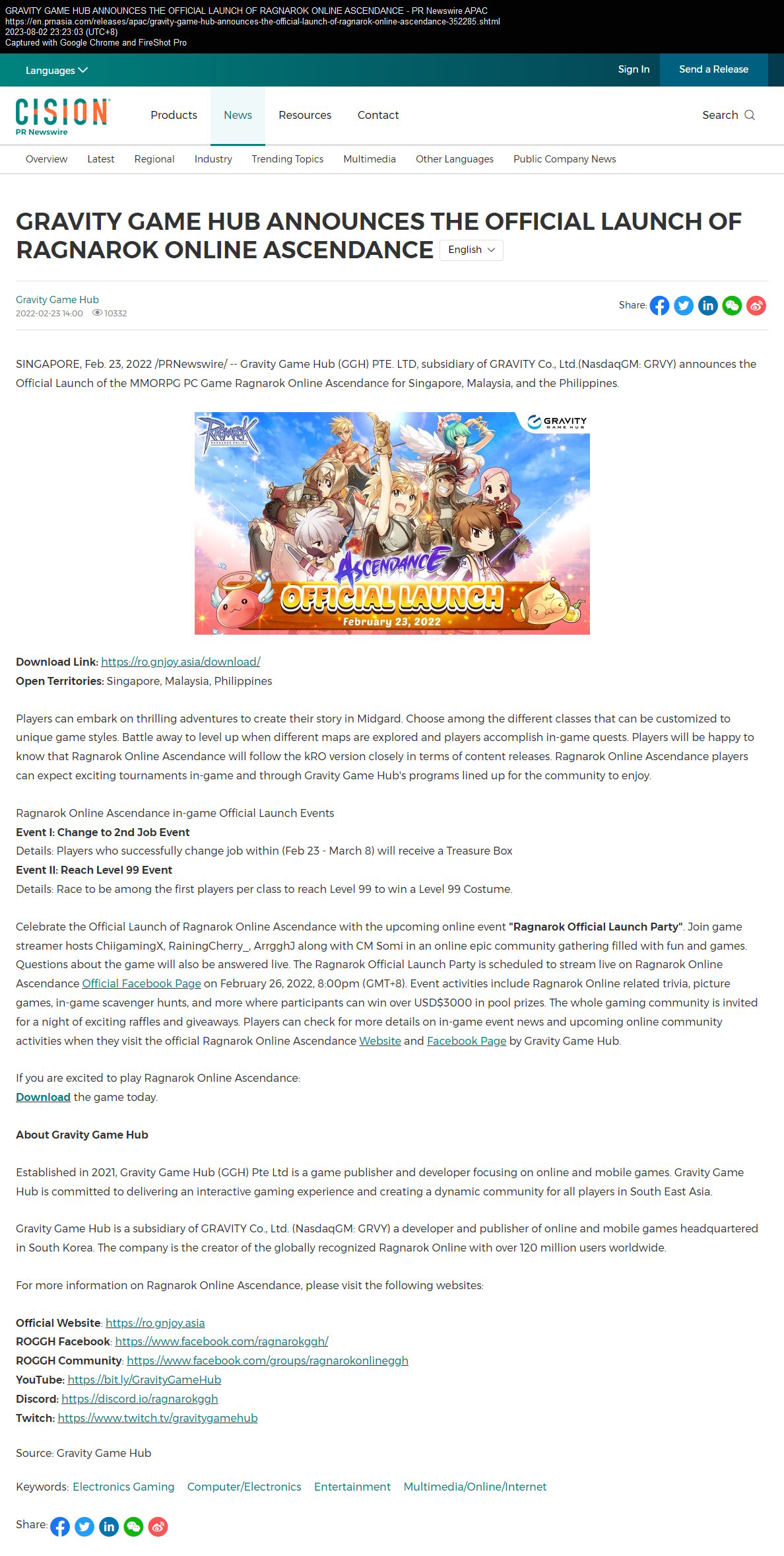 GRAVITY GAME HUB ANNOUNCES THE OFFICIAL LAUNCH OF RAGNAROK ONLINE ASCENDANCE