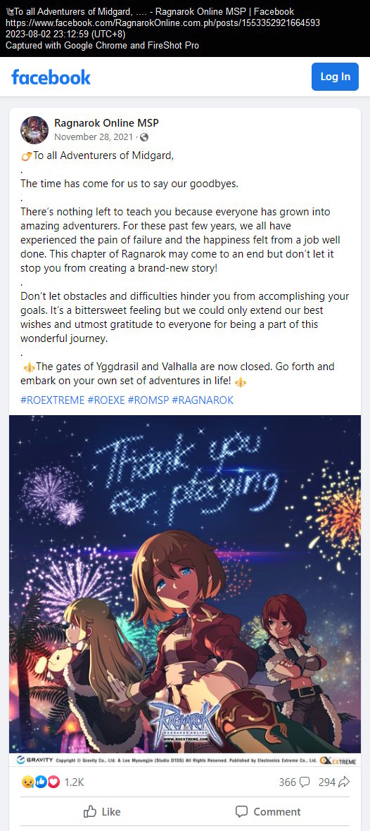 Ragnarok Online MSP Facebook post on November 28, 2021