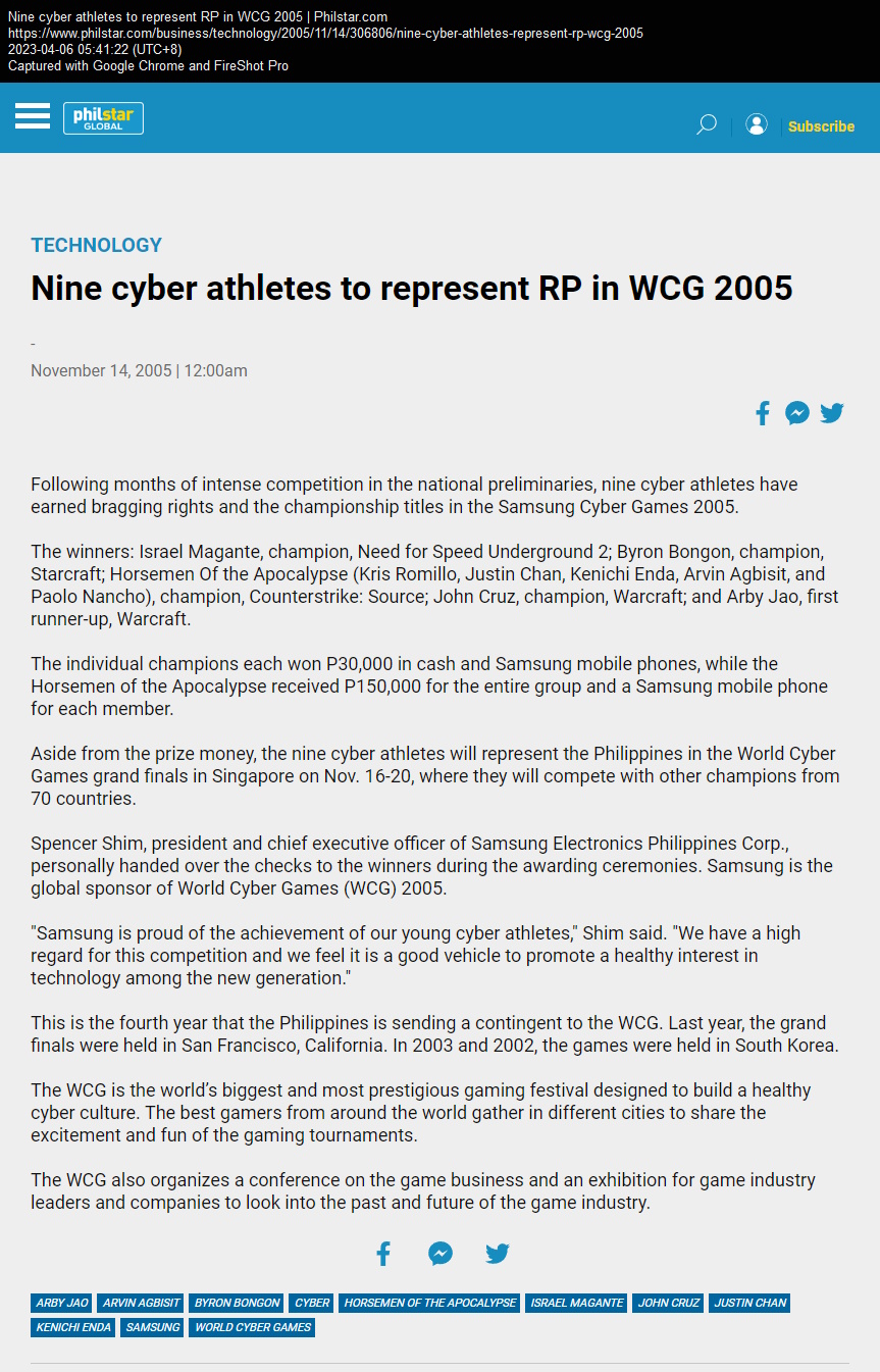 Nine cyber athletes to represent RP in WCG 2005