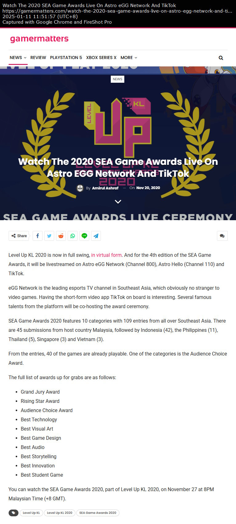 Watch The 2020 SEA Game Awards Live On Astro eGG Network And TikTok