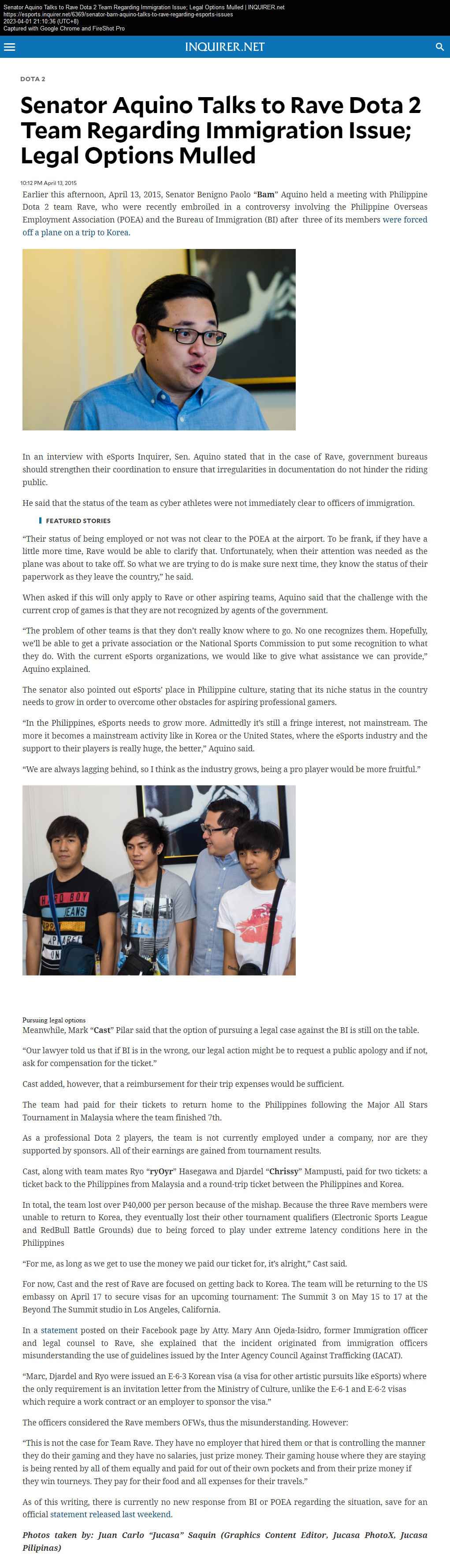 Senator Aquino Talks to Rave Dota 2 Team Regarding Immigration Issue; Legal Options Mulled