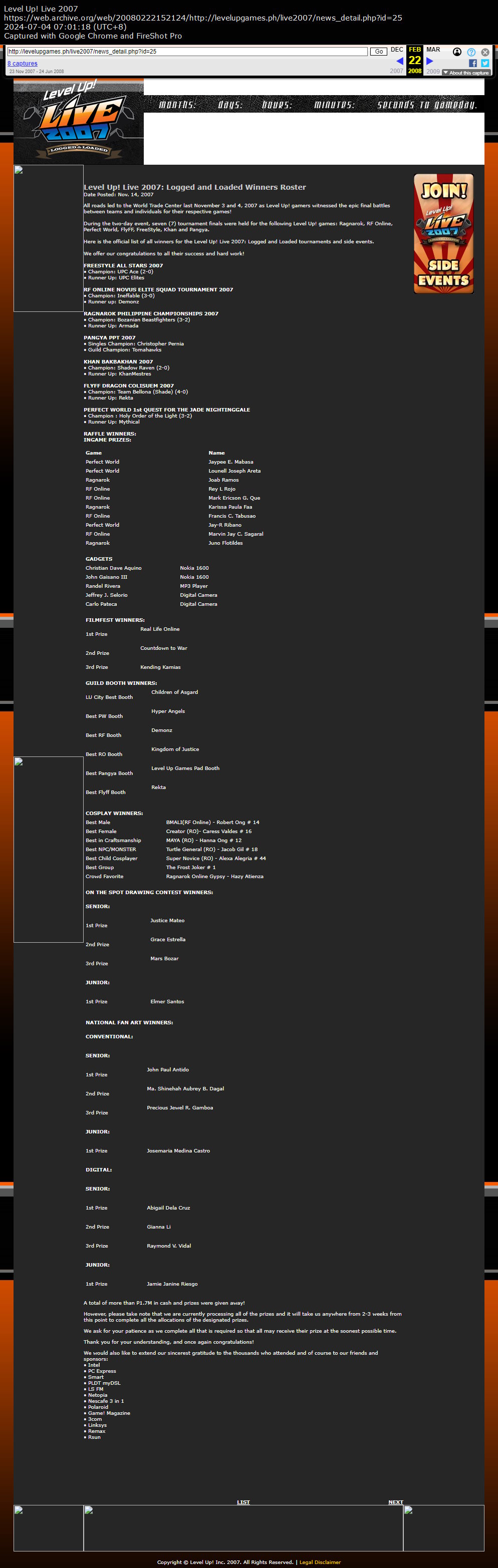 Level Up! Live 2007: Logged and Loaded Winners Roster