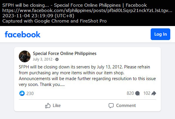 Special Force Online Philippines Facebook Page post dated July 3, 2012 at 8:59 PM