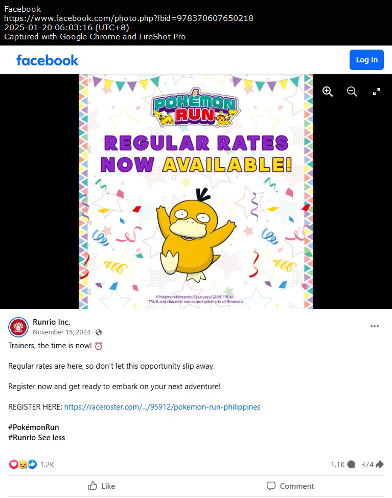 Runrio Inc. Facebook post on November 16, 2024 (Regular rates available)