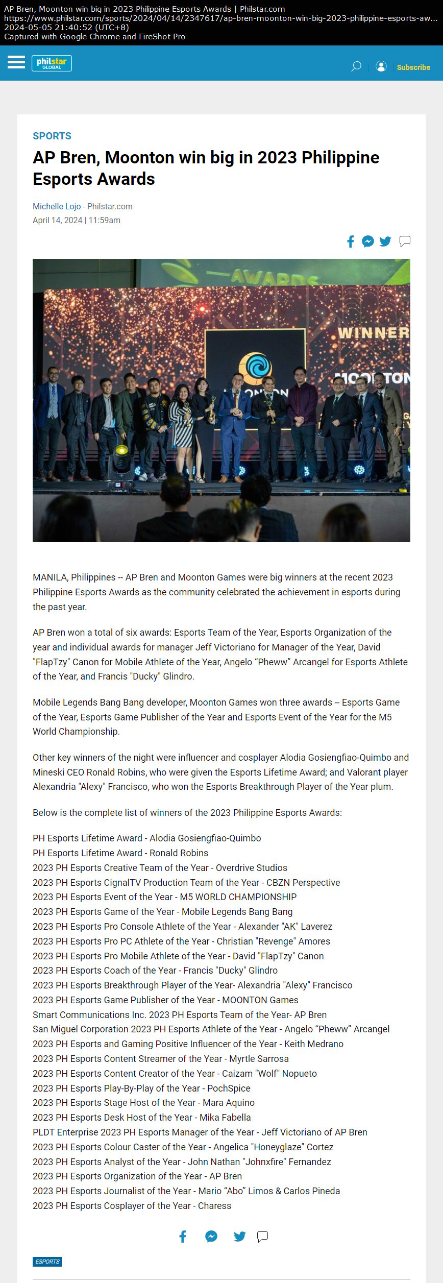 AP Bren, Moonton win big in 2023 Philippine Esports Awards