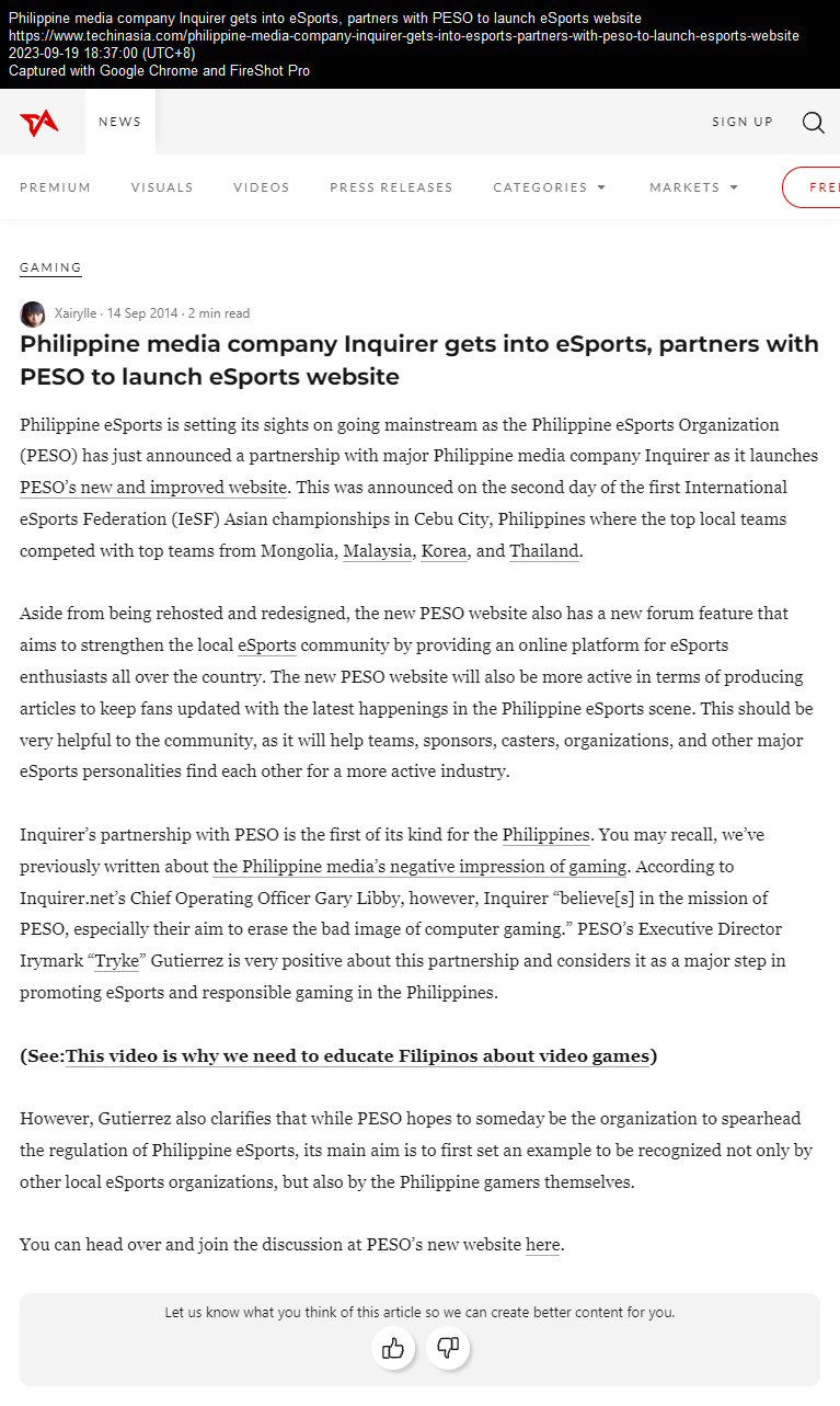 Philippine media company Inquirer gets into eSports, partners with PESO to launch eSports website