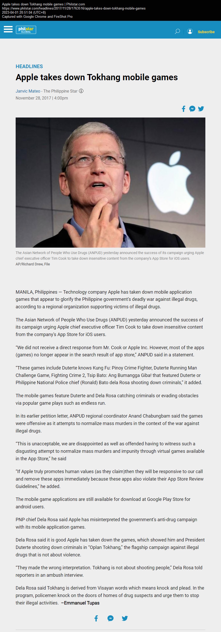 Apple takes down Tokhang mobile games