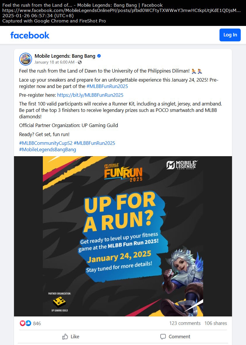 Mobile Legends: Bang Bang Facebook post (MLBB Fun Run 2025 announcement)