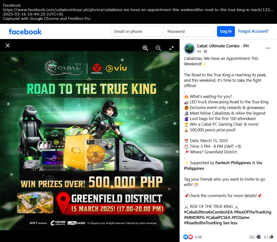 Cabal: Ultimate Combo - PH Facebook post "Road to the True King event"