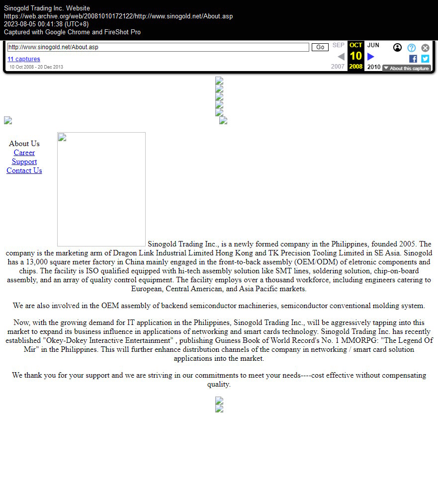 Sinogold Trading Inc. About Us page