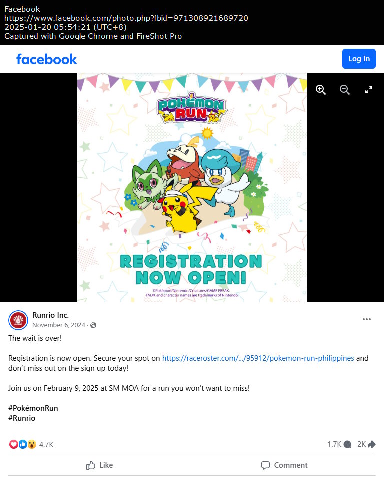 Runrio Inc. Facebook post on November 6, 2024 (Registration open)