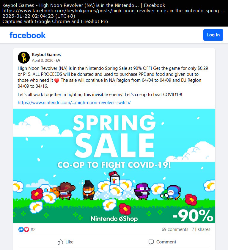 Keybol Games Facebook post on April 3, 2020 (High Noon Revolver Nintendo Spring Sale)