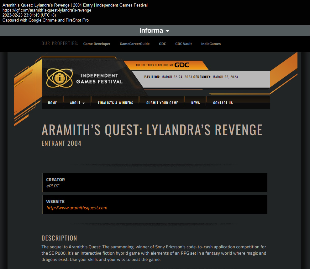 Aramith’s Quest: Lylandra’s Revenge Entrant 2004